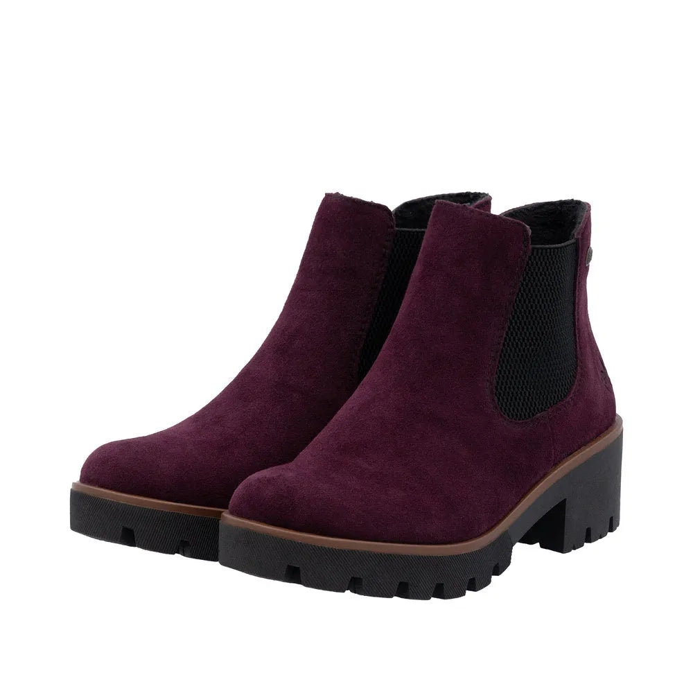 Rieker 79265-30 women's red suede slip-on ankle boots with chunky heel and black elastic side panels.