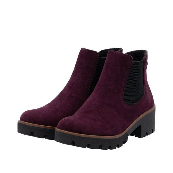 Rieker 79265-30 women's red suede slip-on ankle boots with chunky heel and black elastic side panels.