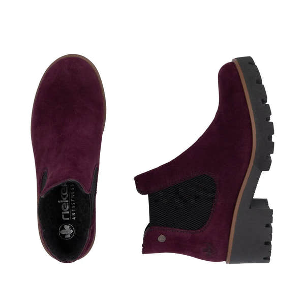 Rieker 79265-30 women's red suede slip-on ankle boots with black elastic side panels and chunky rubber soles.
