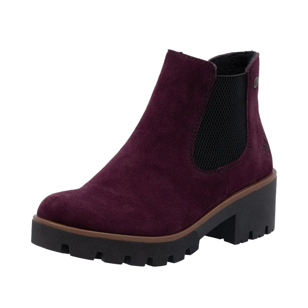 Rieker 79265-30 women's red suede slip-on ankle boots with chunky black heel and side elastic panel.