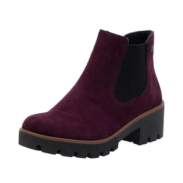 Rieker 79265-30 women's red suede slip-on ankle boots with chunky black heel and side elastic panel.