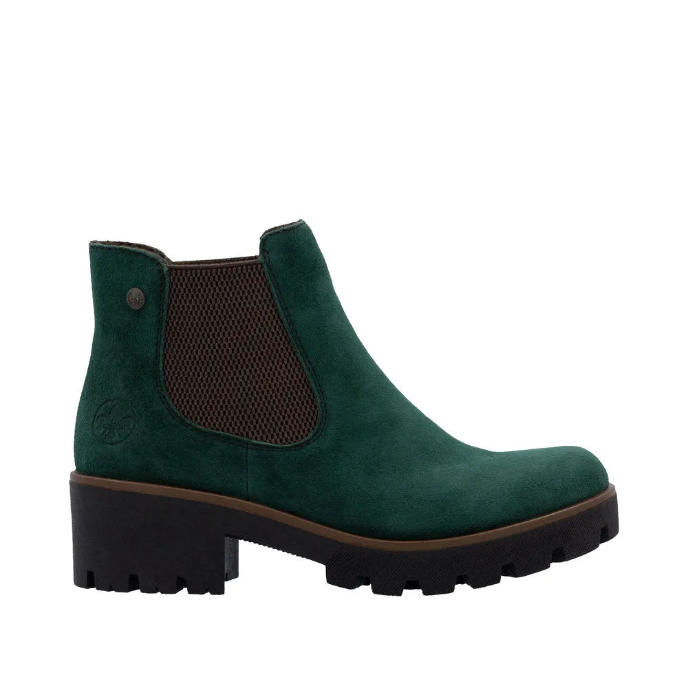Rieker 79265-55 women's green suede slip-on ankle boots with elastic side panels and chunky black sole.