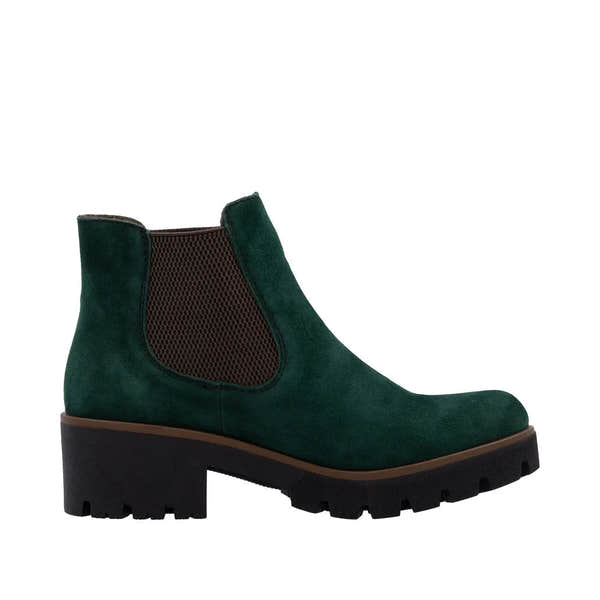 Rieker 79265-55 women's green suede slip-on ankle boots with chunky sole and elastic side panels.