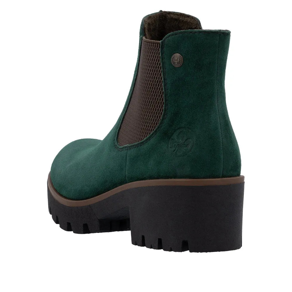 Rieker 79265-55 women's green suede slip-on ankle boots with chunky heel and elastic side panel.