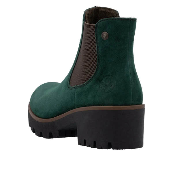 Rieker 79265-55 women's green suede slip-on ankle boots with chunky heel and elastic side panel.
