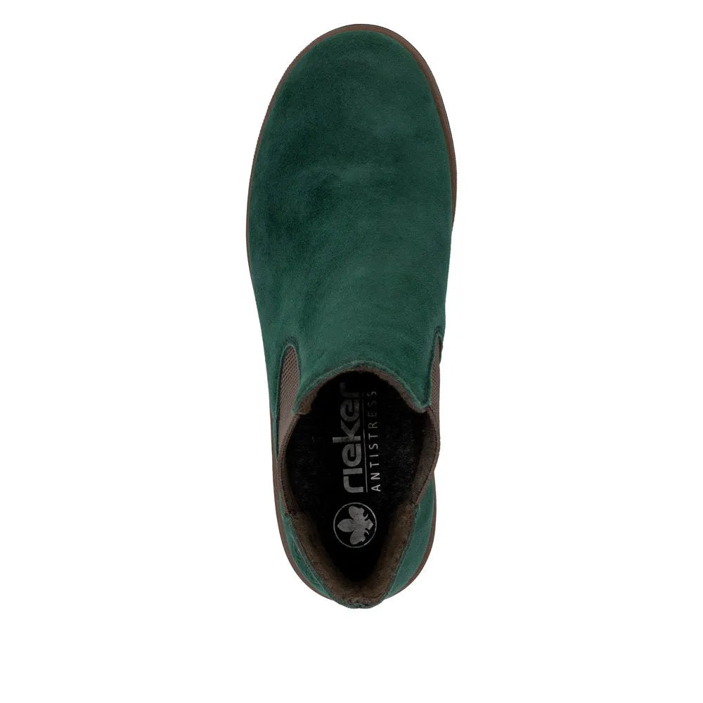 Rieker 79265-55 women's green suede slip-on ankle boots with brown trim and elastic side panels.