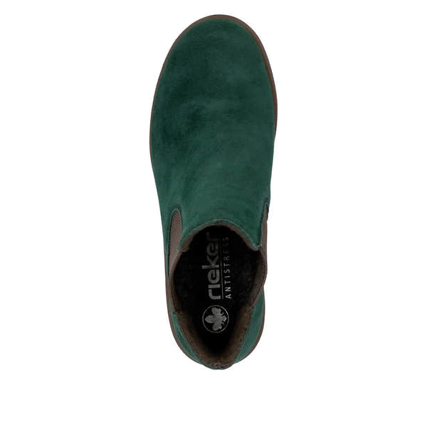 Rieker 79265-55 women's green suede slip-on ankle boots with brown trim and elastic side panels.