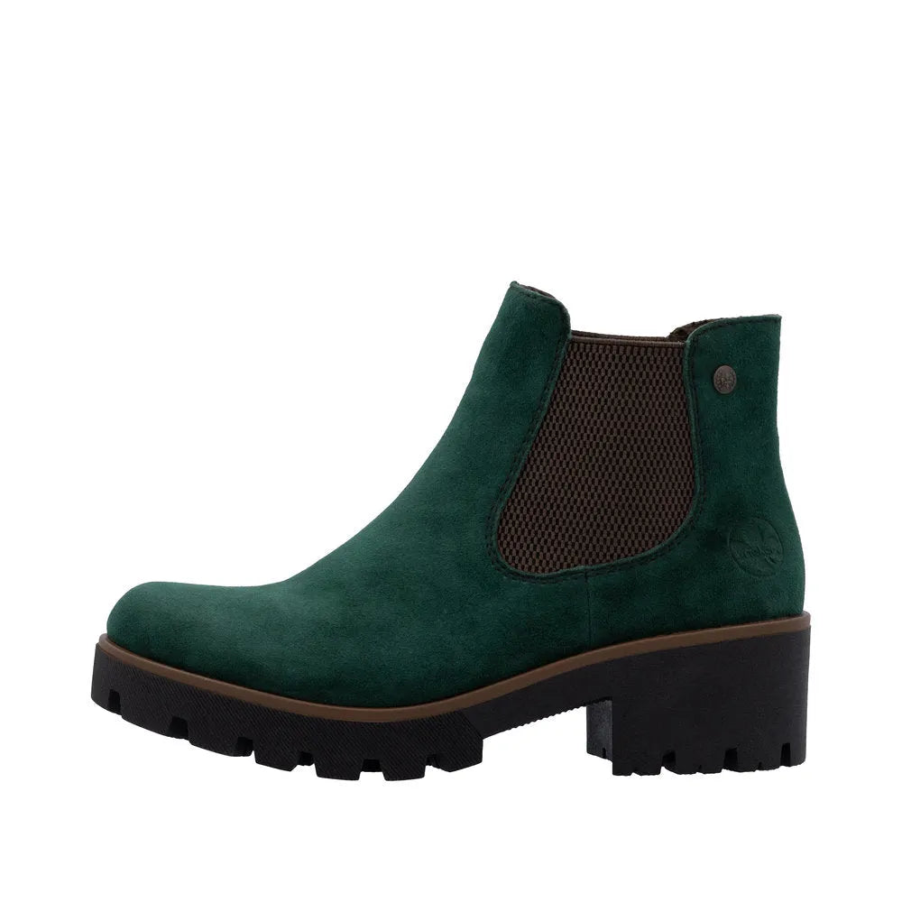 Rieker 79265-55 women's green suede slip-on ankle boots with chunky sole and elastic side panel.