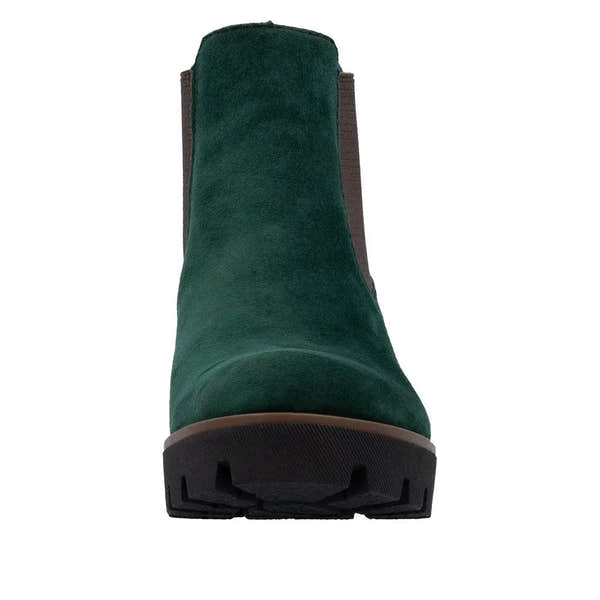 Rieker 79265-55 women's green suede slip-on ankle boots with chunky black sole.