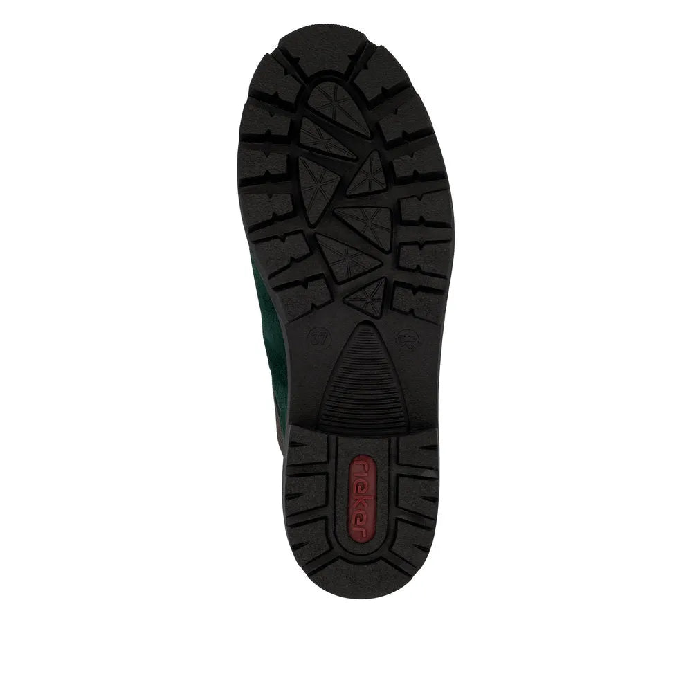 Rieker 79265-55 ladies green suede slip-on ankle boots with rugged black sole and traction pattern.