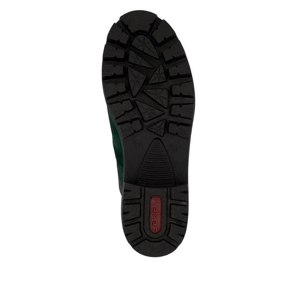 Rieker 79265-55 ladies green suede slip-on ankle boots with rugged black sole and traction pattern.