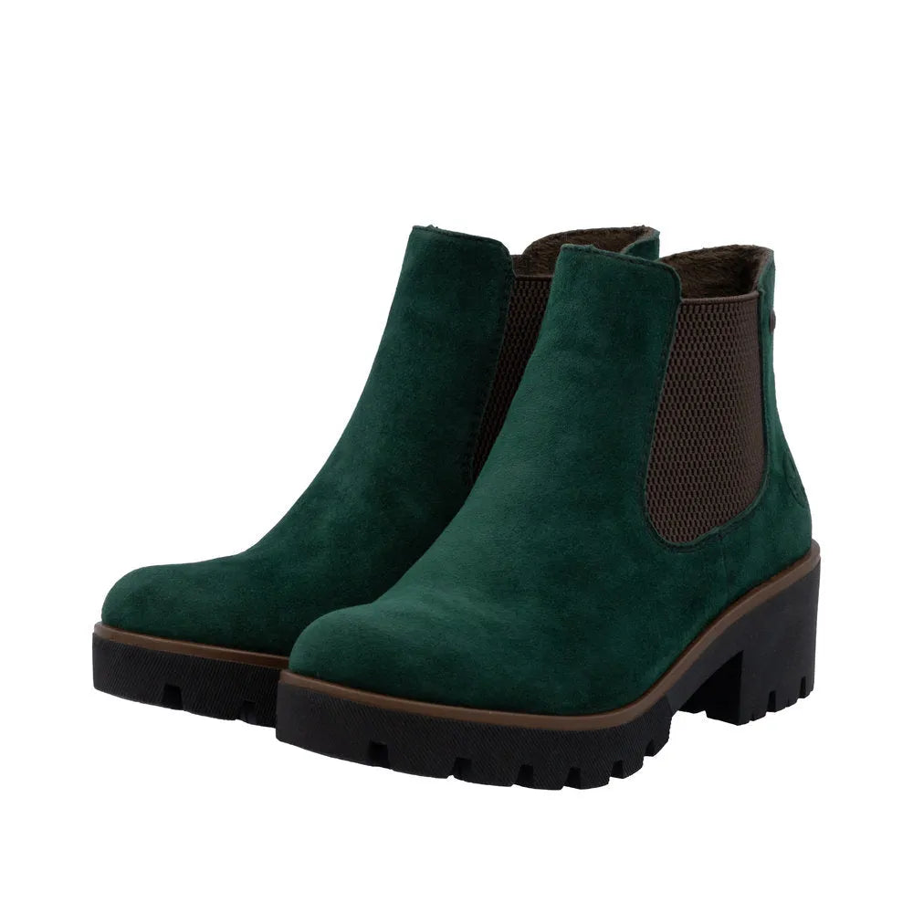 Rieker 79265-55 women's green suede slip-on ankle boots with chunky heel and elastic side panels.