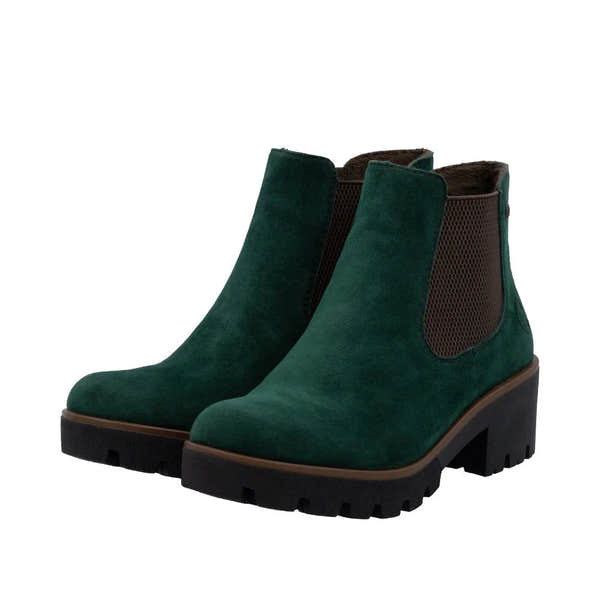 Rieker 79265-55 women's green suede slip-on ankle boots with chunky heel and elastic side panels.