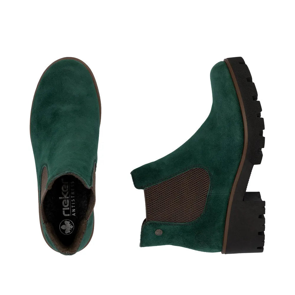 Rieker 79265-55 women's green suede slip-on ankle boots with chunky black tread soles.