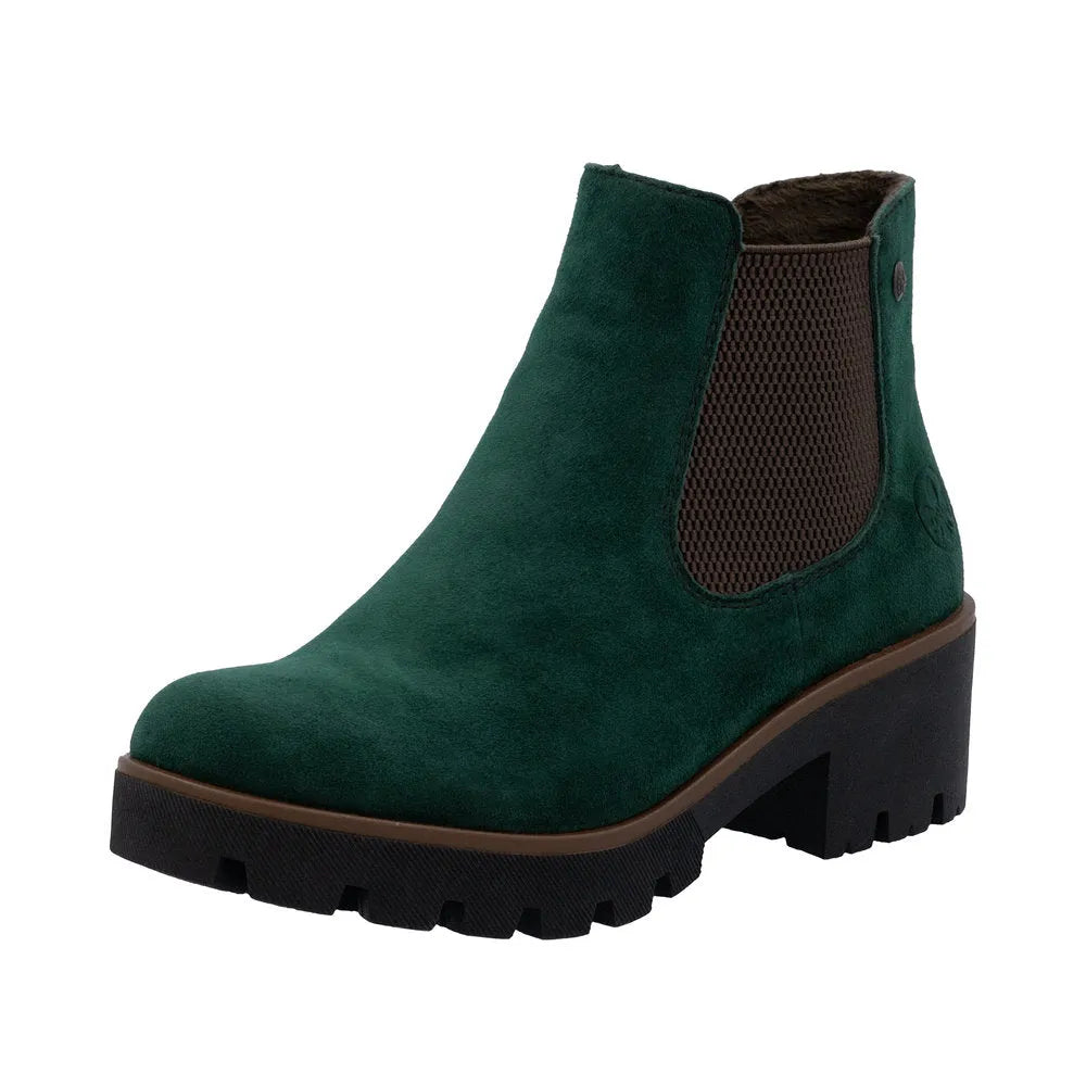 Rieker 79265-55 women's green suede slip-on ankle boots with chunky heel and elastic side panels.