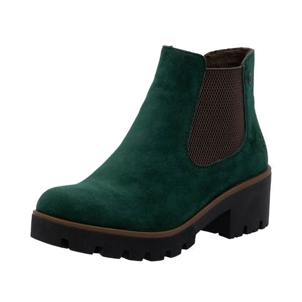 Rieker 79265-55 women's green suede slip-on ankle boots with chunky heel and elastic side panels.
