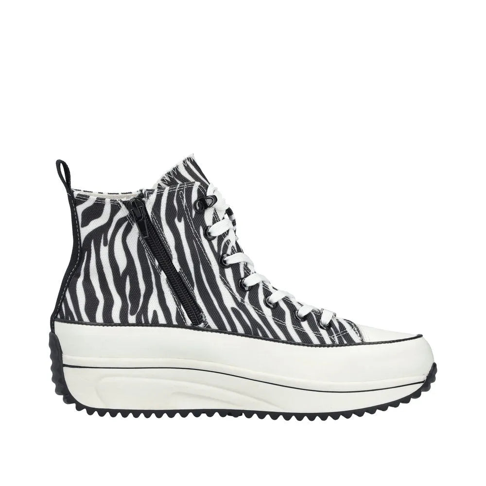 Zebra print vegan ankle boots with lace-up front, side zipper, and chunky platform sole.