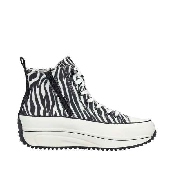 Zebra print vegan ankle boots with lace-up front, side zipper, and chunky platform sole.