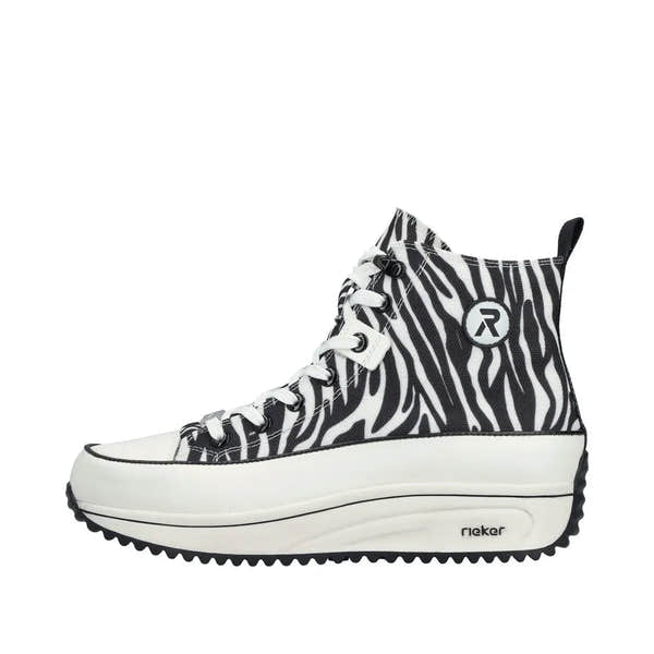 Zebra print vegan ankle boots with zip and lace detail, elevated white sole, and black trim, by Rieker.