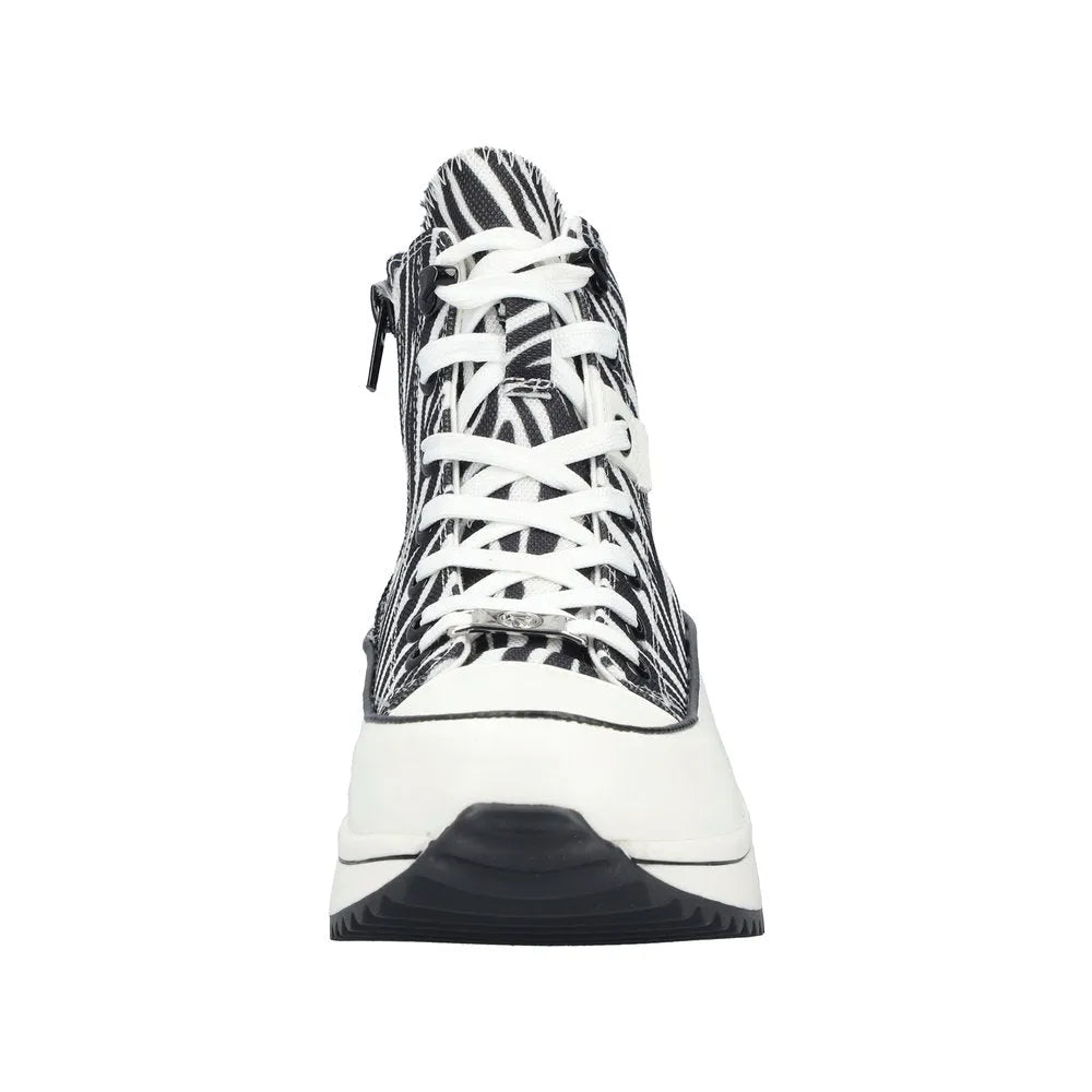 Black and white zebra print vegan ankle boots with laces, zipper, chunky sole, and round toe.