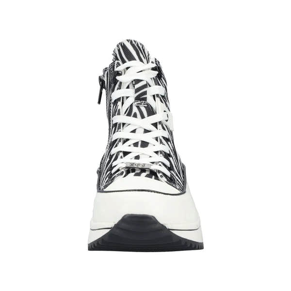 Black and white zebra print vegan ankle boots with laces, zipper, chunky sole, and round toe.