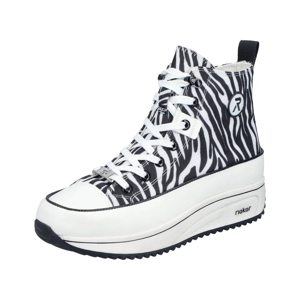 Zebra print vegan ankle boot with white chunky platform sole, lace-up front, side zip, and pull tab.