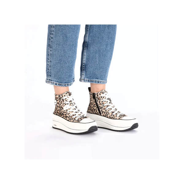 Leopard print textile ankle boots with lace-up front, zipper side, and thick white platform sole.