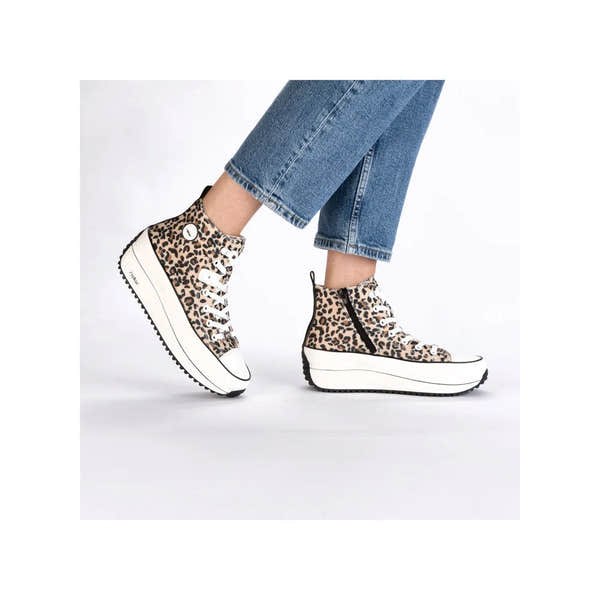 Leopard print textile ankle boots with zip and lace, chunky white platform sole, black accents, and lace-up front.