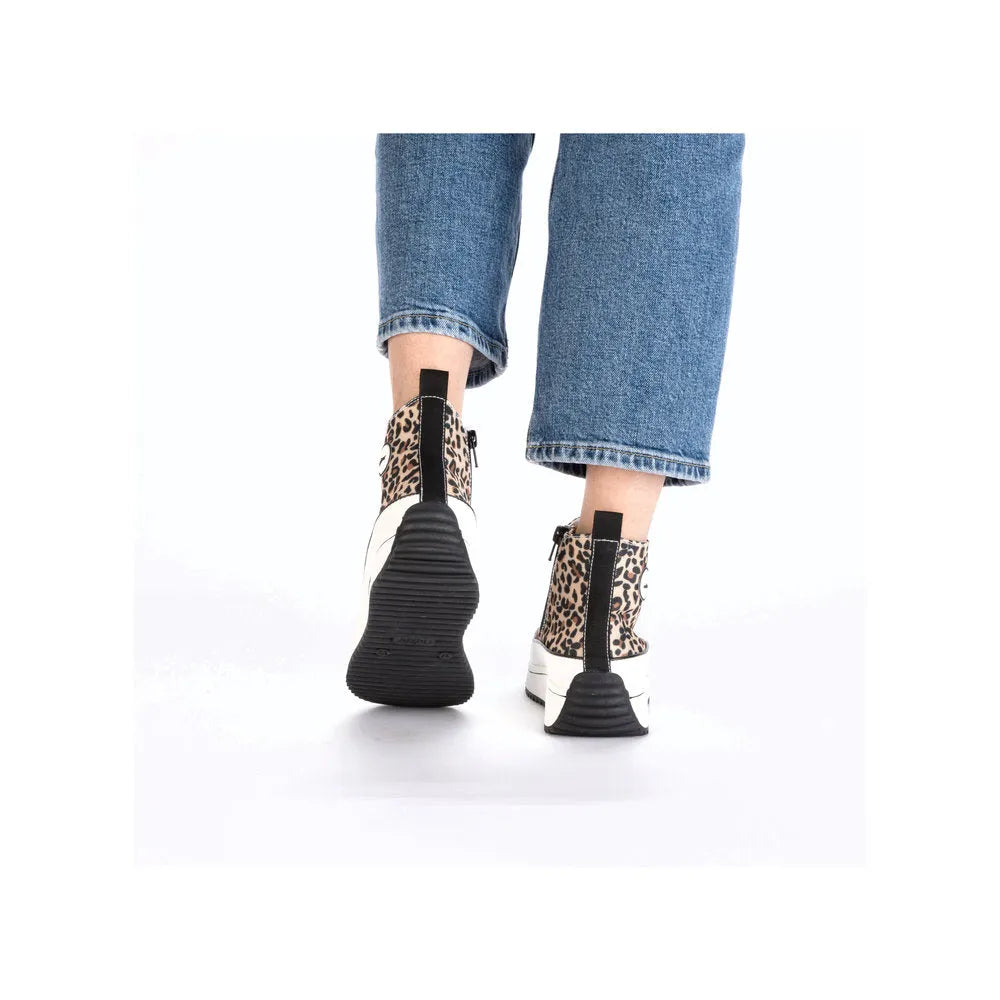 Rieker 90010-91 leopard print textile ankle boots with lace, zipper, and chunky black and white soles.