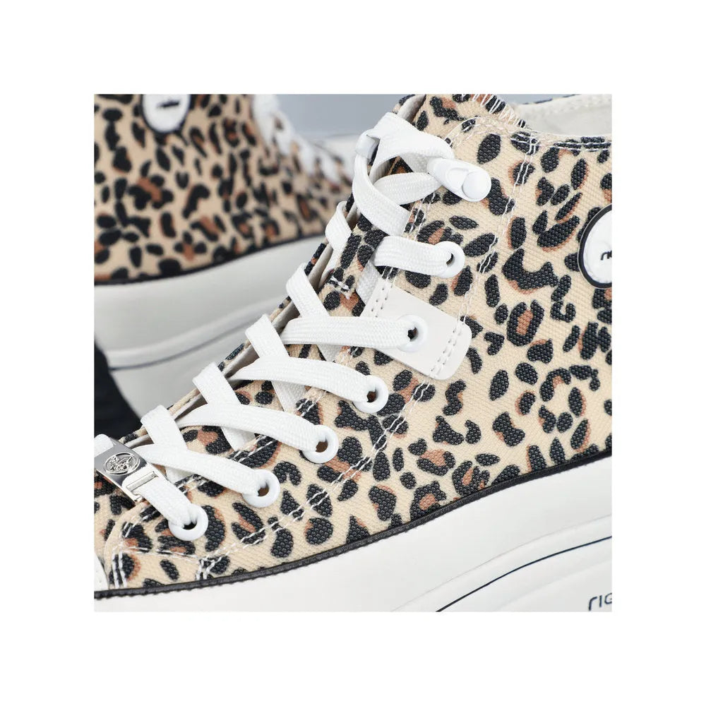 Leopard print textile ankle boots with white laces, zipper, and rubber sole, featuring black and beige pattern.