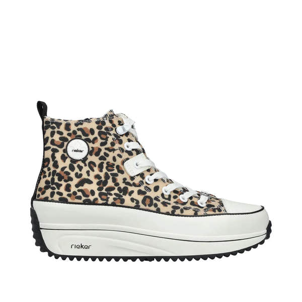 Leopard print textile ankle boot with white rubber sole, lace-up front, zip, and lace details, by Rieker.