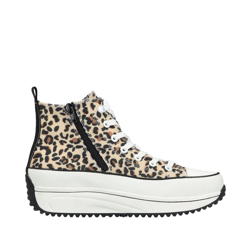Rieker ladies ankle boots with leopard textile upper, white laces, black zip detail, and thick white sole.