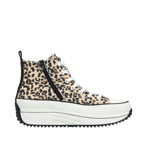Rieker ladies ankle boots with leopard textile upper, white laces, black zip detail, and thick white sole.