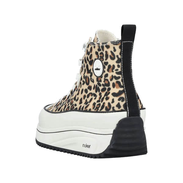 Rieker 90010-91 leopard print textile ankle boots with zip, lace-up, chunky sole, and black heel tab.