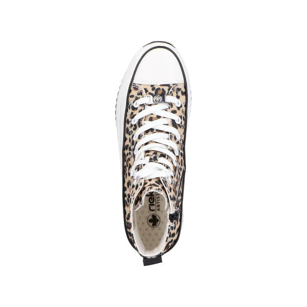 Leopard print textile ankle boots with white laces, zip detail, lace-up style, and white toe cap from Rieker.