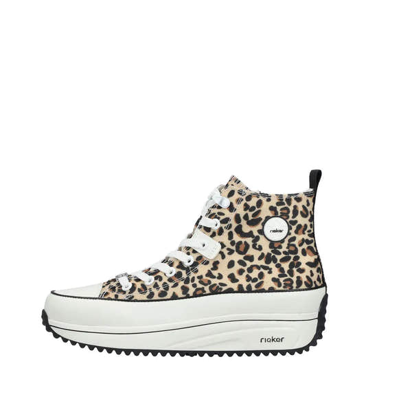 Leopard print textile ankle boot with white laces, zipper, black heel loop, and chunky sole, branded Rieker 90010-91.