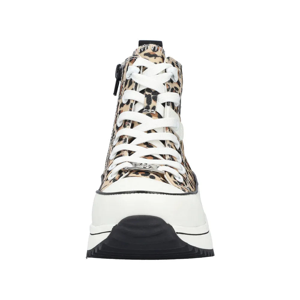 Rieker 90010-91 leopard-print textile ankle boot with white laces, zipper, and black rubber sole.