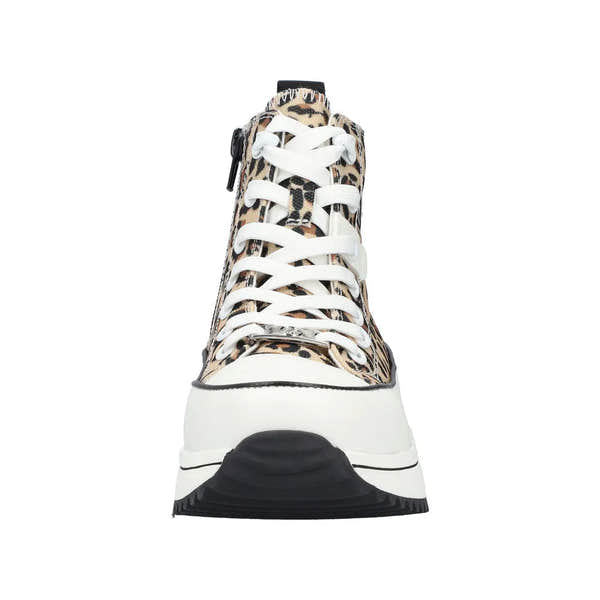 Rieker 90010-91 leopard-print textile ankle boot with white laces, zipper, and black rubber sole.