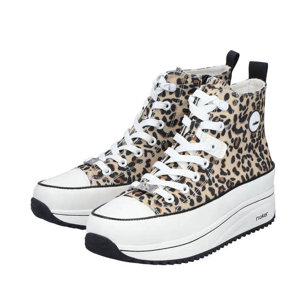 Rieker 90010-91 women's leopard print textile ankle boots with white platform soles, lace-up front, zip & lace closure, and black pull tabs.