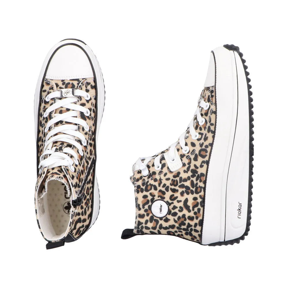 Leopard-print textile ankle boots with white laces, zip, rubber sole, and black trim, designed by Rieker for women.