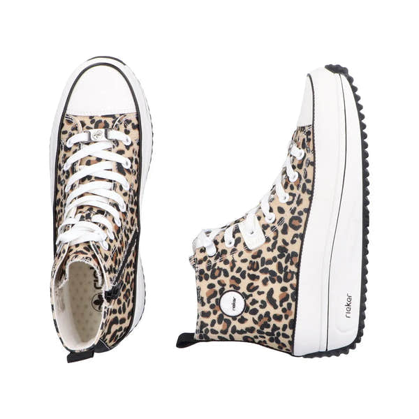Leopard-print textile ankle boots with white laces, zip, rubber sole, and black trim, designed by Rieker for women.