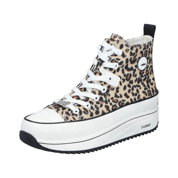 Leopard-print textile ankle boot with white lace, zip, and chunky white sole, designed by Rieker for women.