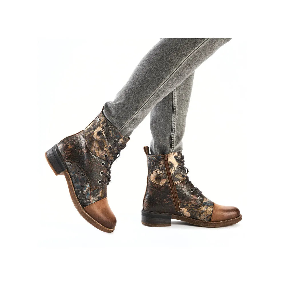 Rieker 94611-90 women's water-resistant ankle boots with lace-up and zipper closure, featuring a brown and black patterned design.
