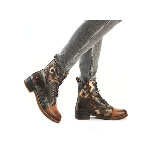 Rieker 94611-90 women's water-resistant ankle boots with lace-up and zipper closure, featuring a brown and black patterned design.