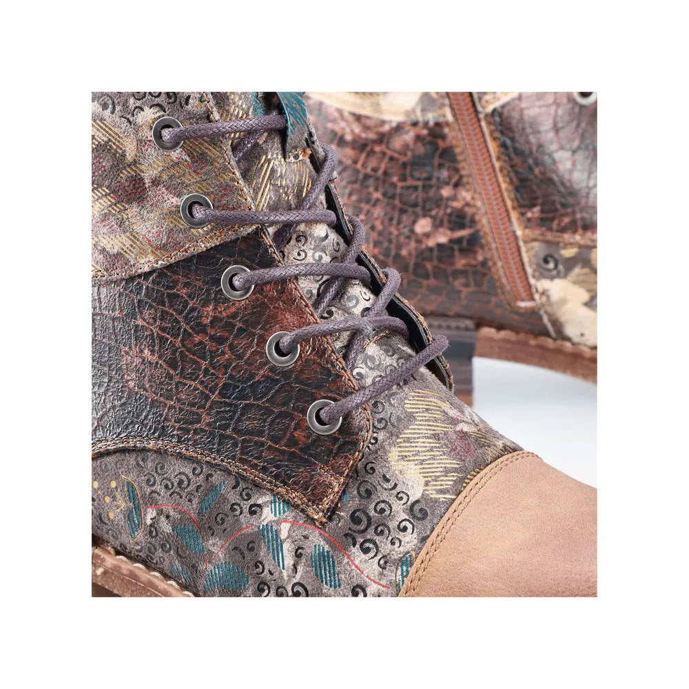Rieker 94611-90 women's multi-color water-resistant ankle boots with lace and zipper closure, featuring textured and patterned leather details.