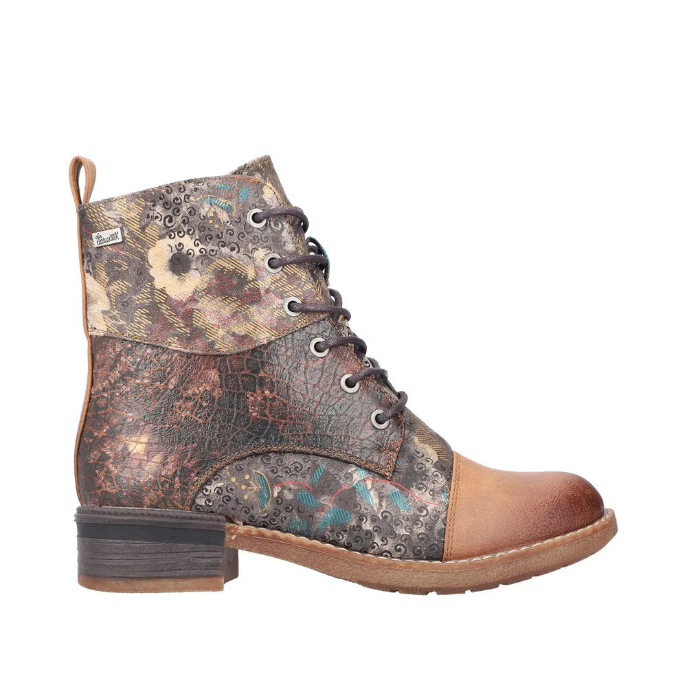 Rieker 94611-90 women's multi water-resistant lace-up ankle boots with zipper, faux animal print and textured details.