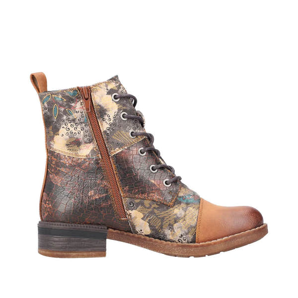Rieker 94611-90 women's multi-color water-resistant lace-up ankle boots with zipper detailing and chunky heel.