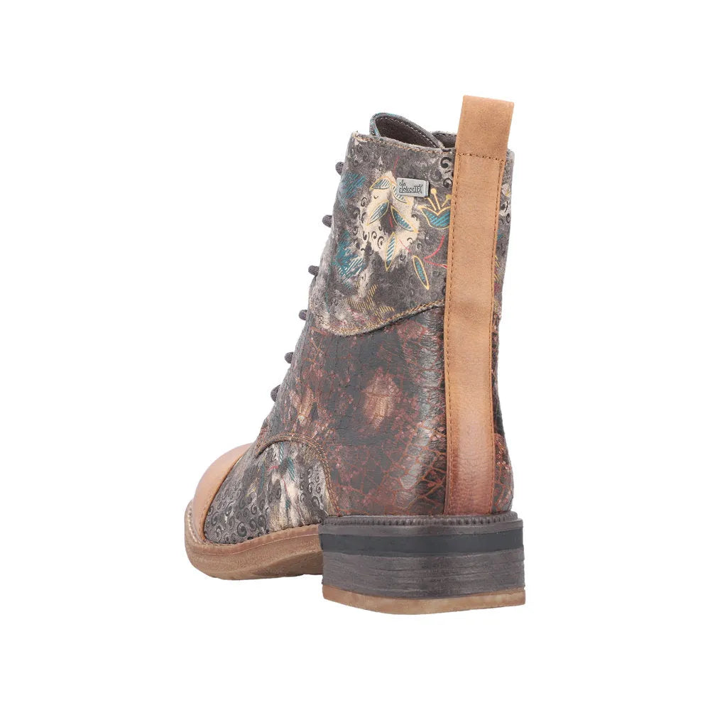 Rieker 94611-90 women's water-resistant ankle boots with floral and abstract print, zip and lace-up closure, and pull tab heel.