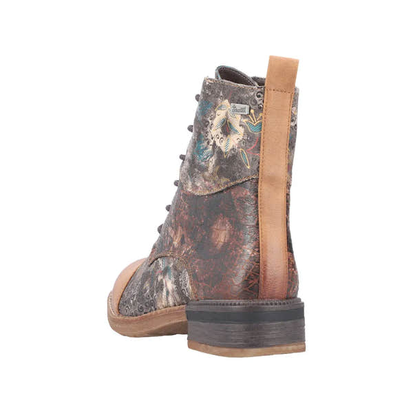 Rieker 94611-90 women's water-resistant ankle boots with floral and abstract print, zip and lace-up closure, and pull tab heel.