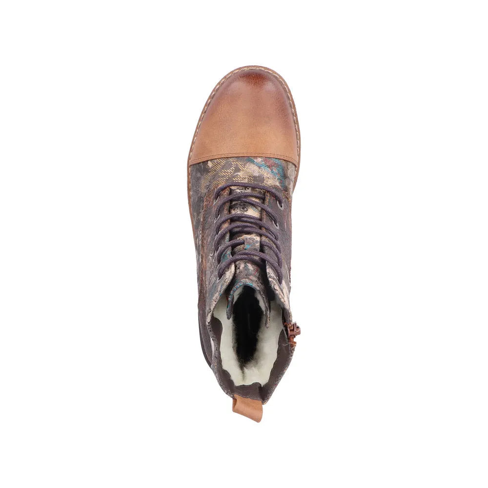 Rieker 94611-90 women's ankle boots with multi-color water-resistant fabric, lace-up and zip closure, and faux shearling lining.